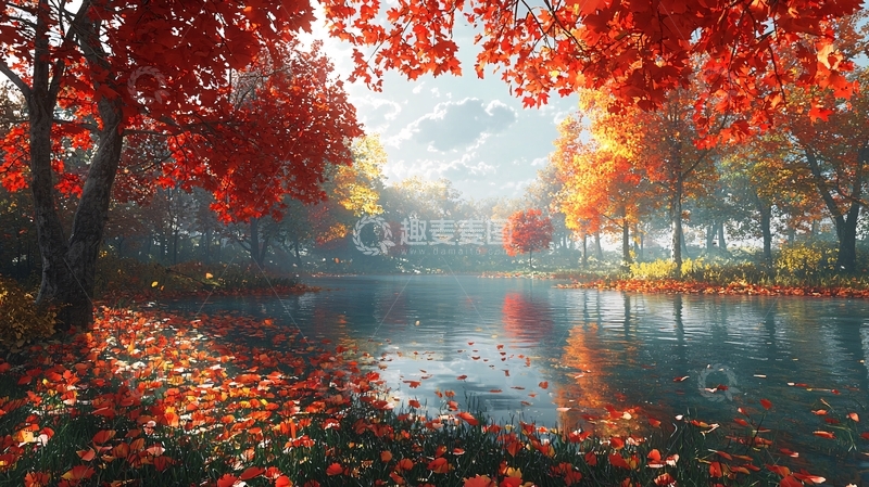 高清大图下载【趣麦麦图】秋日红叶倒映湖面