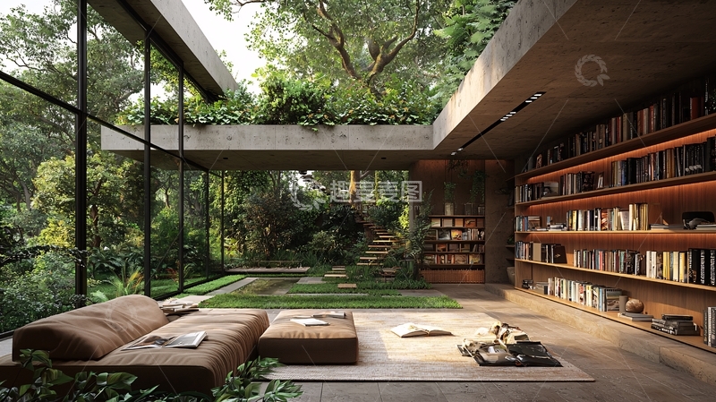 高清大图下载【趣麦麦图】现代简约绿植庭院书房