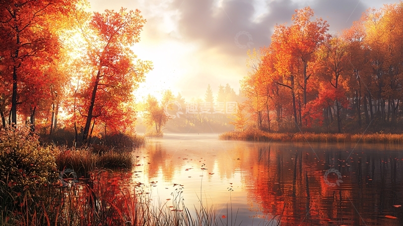 高清大图下载【趣麦麦图】秋日清晨湖边红叶