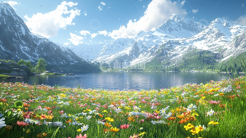 高清大图下载【趣麦麦图】雪山湖泊鲜花盛开