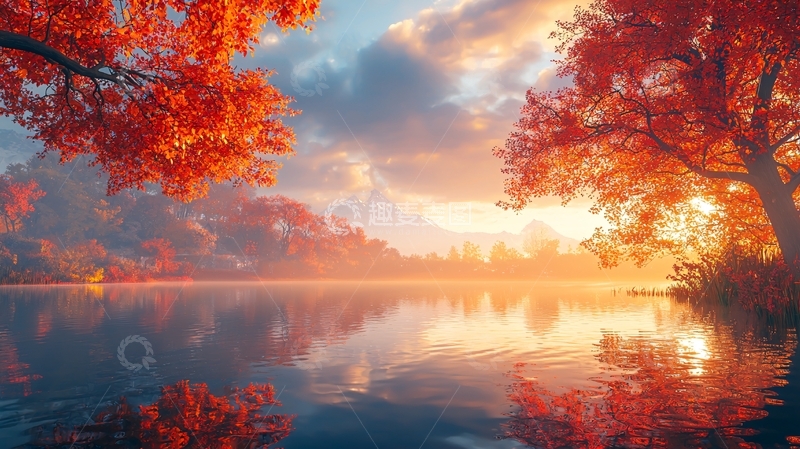 高清大图下载【趣麦麦图】秋日红叶倒映湖面