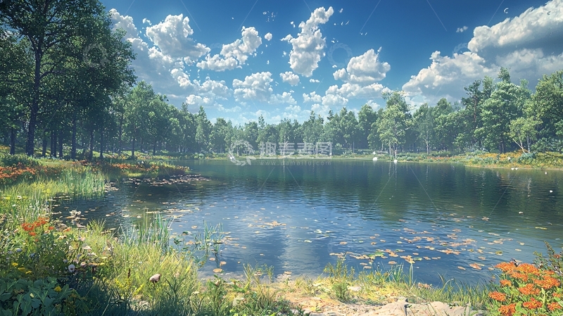 高清大图下载【趣麦麦图】阳光明媚的森林湖泊