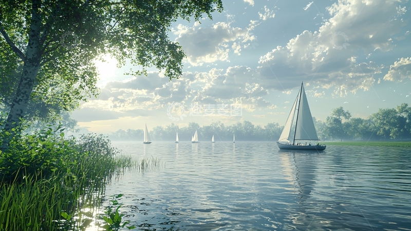 高清大图下载【趣麦麦图】宁静祥和的湖面帆船风景