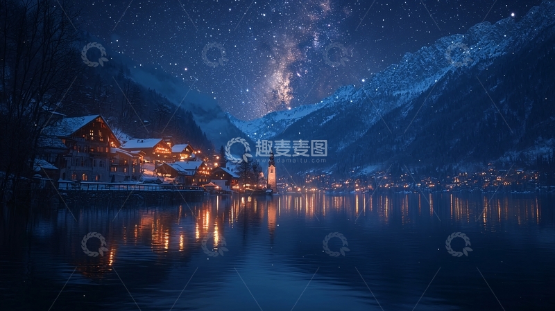 高清大图下载【趣麦麦图】雪山小镇夜景