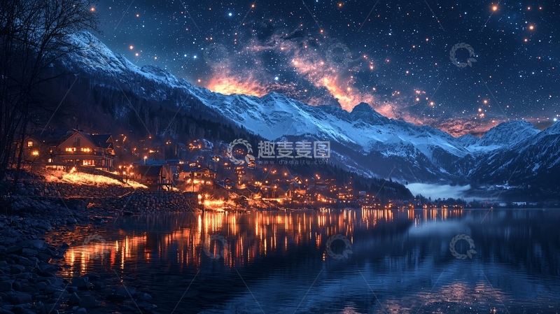 高清大图下载【趣麦麦图】雪山小镇夜景