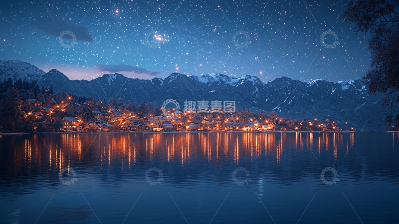 高清大图下载【趣麦麦图】星空下的湖边小镇