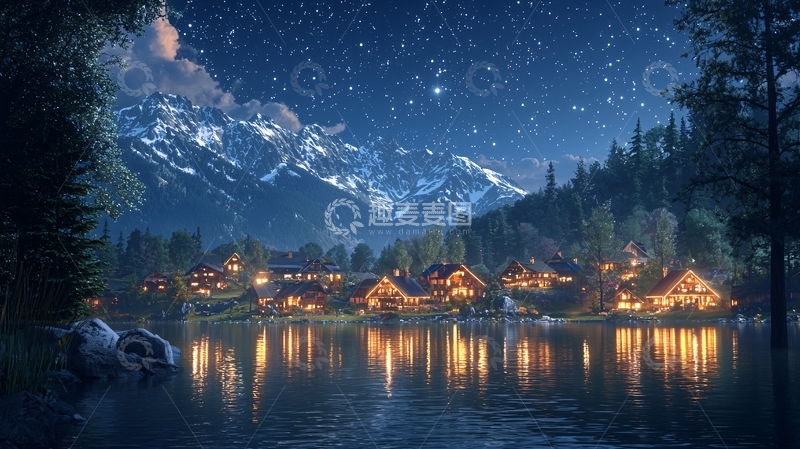 高清大图下载【趣麦麦图】星空下的湖边木屋