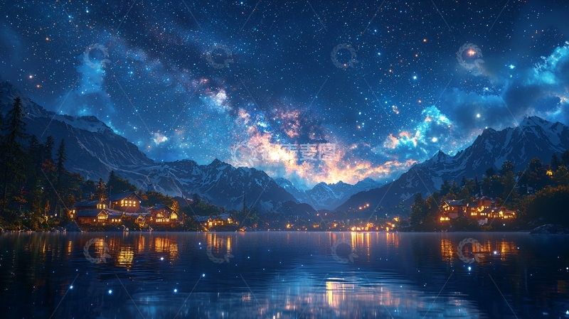 高清大图下载【趣麦麦图】星空下的湖边小镇