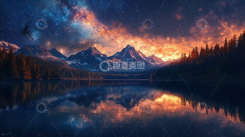 高清大图下载【趣麦麦图】火焰山脉湖泊星空倒影