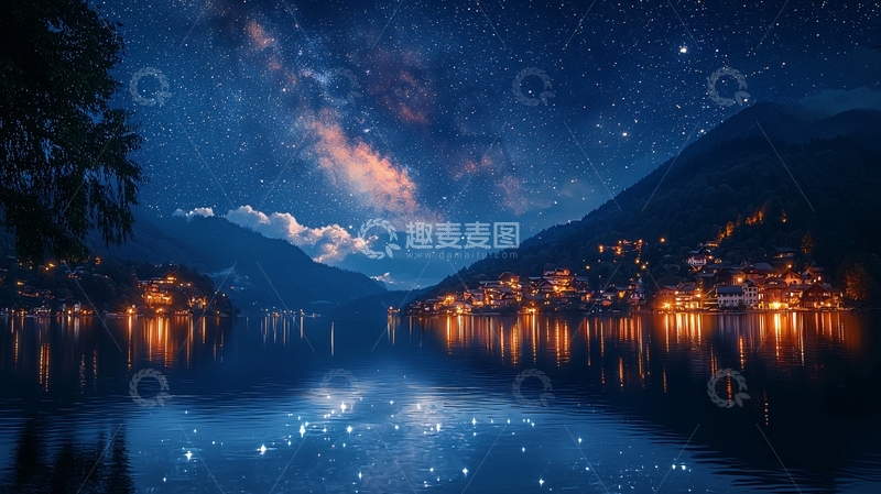 高清大图下载【趣麦麦图】星空倒影湖边小镇