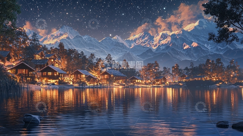 高清大图下载【趣麦麦图】雪山小镇夜景