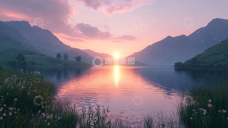 高清大图下载【趣麦麦图】山脉湖泊日落剪影