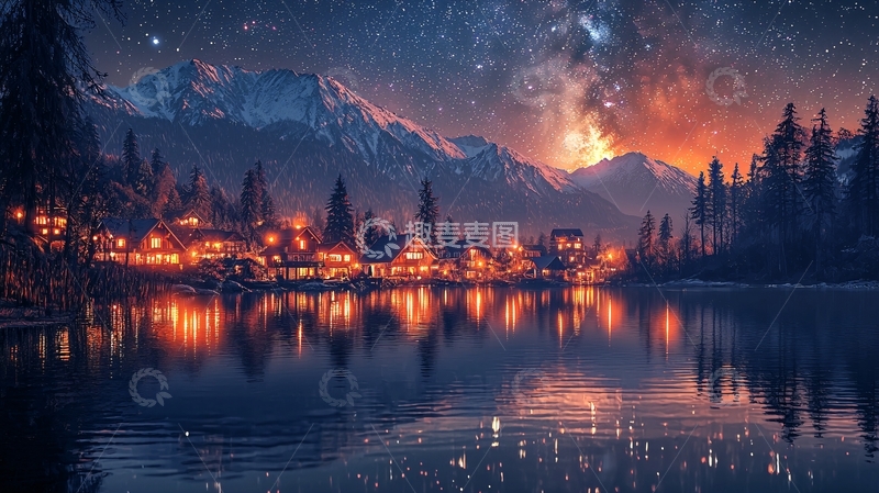 高清大图下载【趣麦麦图】星空下的雪山小镇