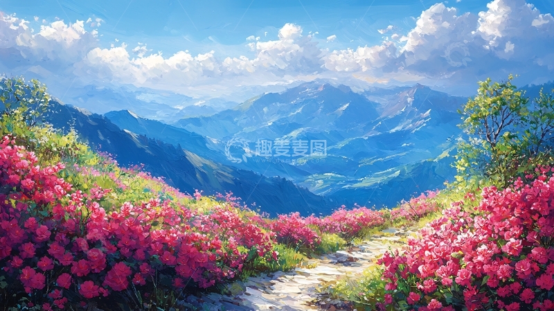 高清大图下载【趣麦麦图】山顶杜鹃花盛开的山脉全景图