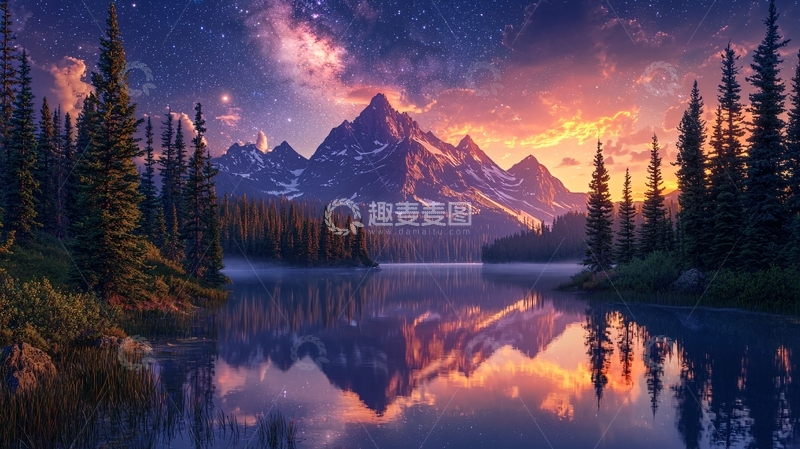 高清大图下载【趣麦麦图】山峰湖泊日落星空倒影
