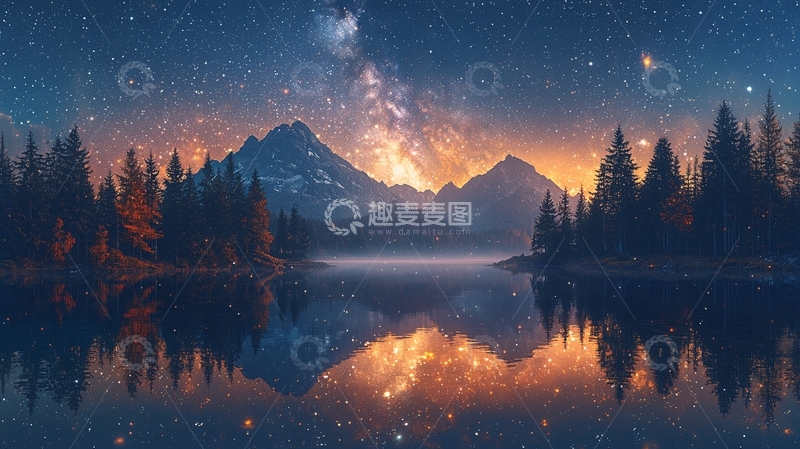 高清大图下载【趣麦麦图】星空倒影山峰湖泊
