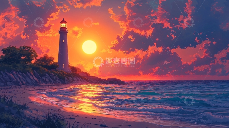 高清大图下载【趣麦麦图】日落海滩灯塔风景画