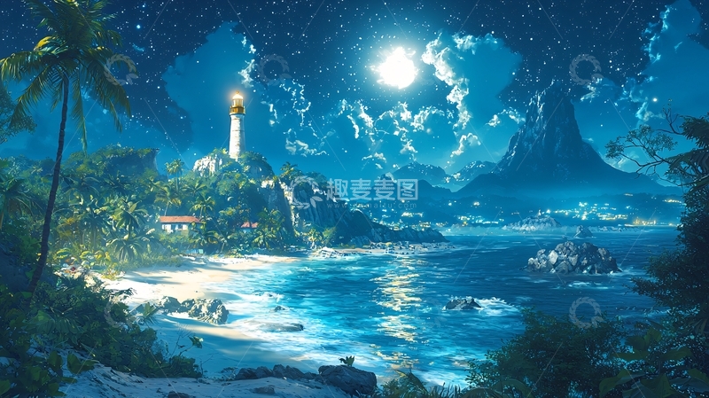 高清大图下载【趣麦麦图】月光下的热带海岛