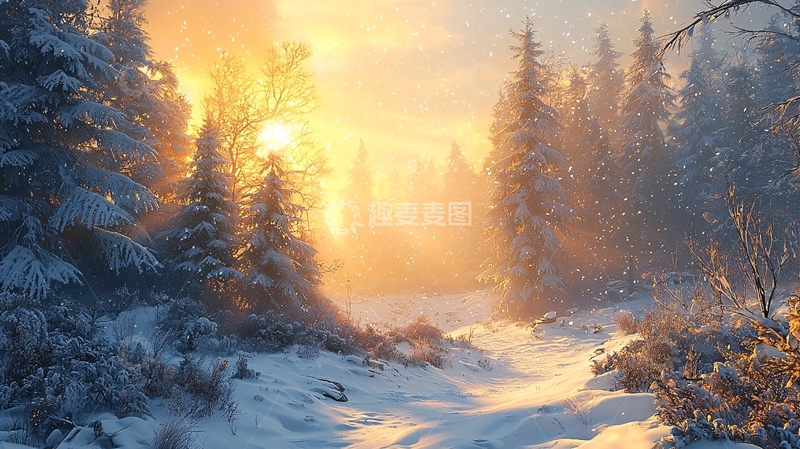 高清大图下载【趣麦麦图】冬日雪景森林日出
