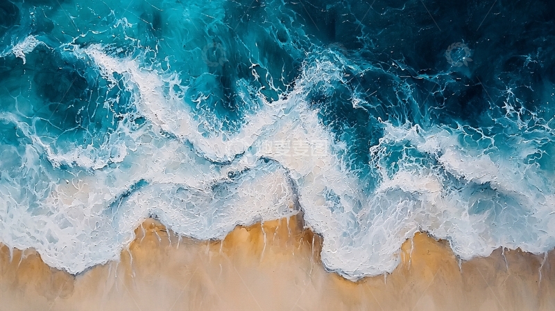 高清大图下载【趣麦麦图】俯瞰碧蓝海浪拍打沙滩