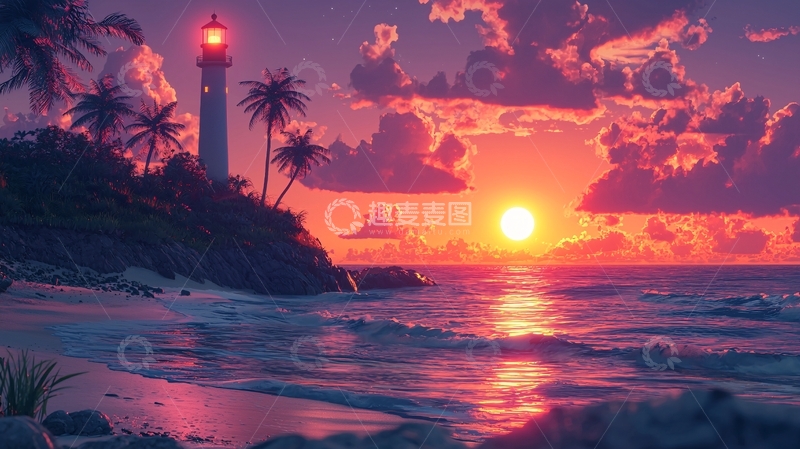 高清大图下载【趣麦麦图】日落海滩灯塔风景