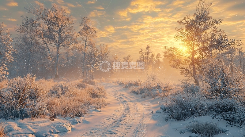 高清大图下载【趣麦麦图】冬日雪景森林小路日出