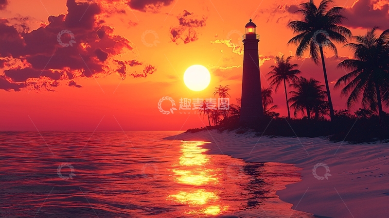 高清大图下载【趣麦麦图】日落海滩灯塔剪影