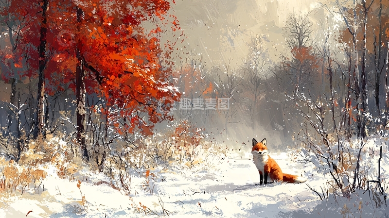高清大图下载【趣麦麦图】冬日森林里一只红狐