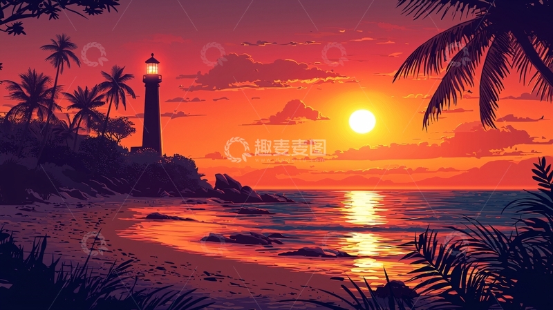 高清大图下载【趣麦麦图】热带海滩日落灯塔