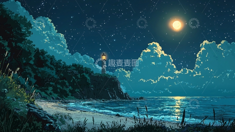 高清大图下载【趣麦麦图】夜晚海边灯塔风景