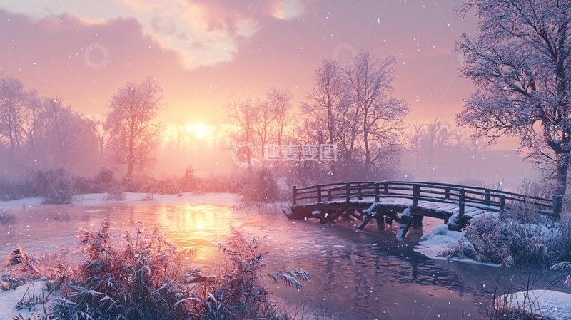 高清大图下载【趣麦麦图】冬日日出雪景桥