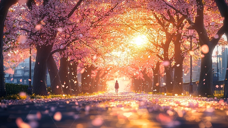 高清大图下载【趣麦麦图】唯美樱花道落日余晖