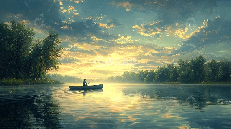 高清大图下载【趣麦麦图】日出时分平静湖面独木舟