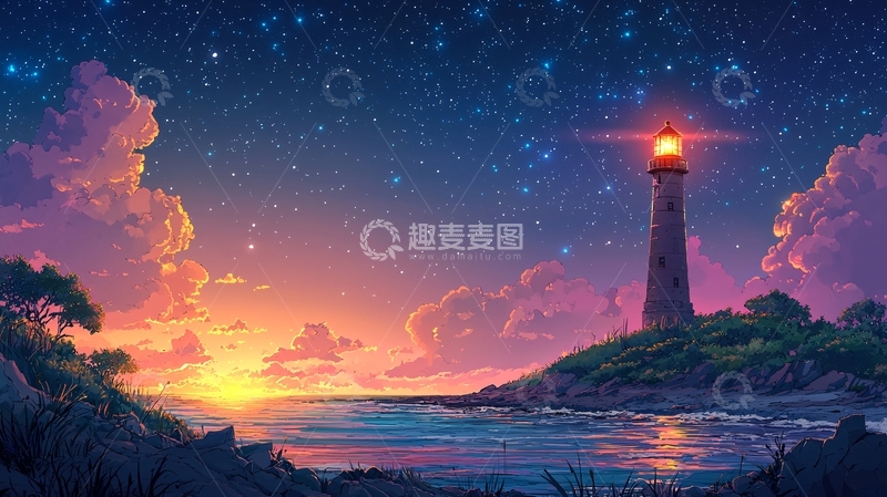 高清大图下载【趣麦麦图】星空下的灯塔