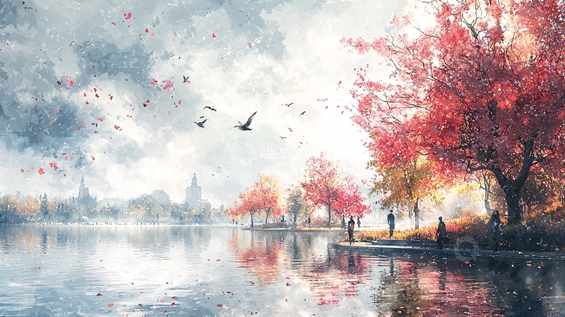 高清大图下载【趣麦麦图】秋日湖边树木倒影