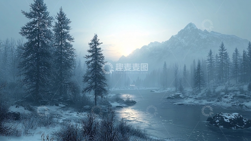 高清大图下载【趣麦麦图】雪山河流森林景色