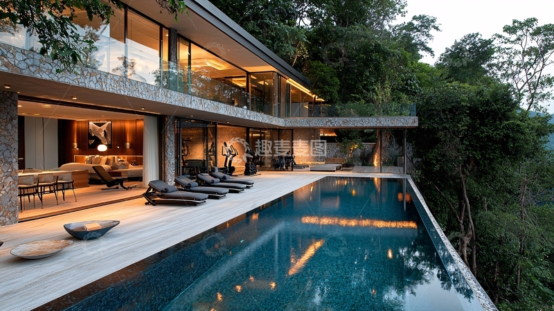 高清大图下载【趣麦麦图】山崖边现代化无边际泳池别墅
