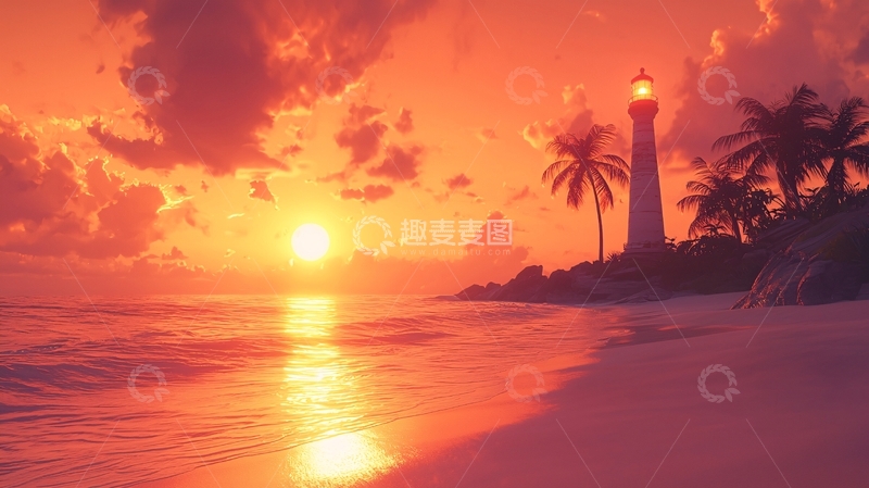 高清大图下载【趣麦麦图】日落海滩灯塔风景