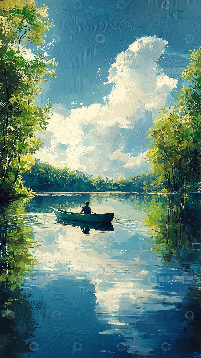 高清大图下载【趣麦麦图】平静湖面独木舟