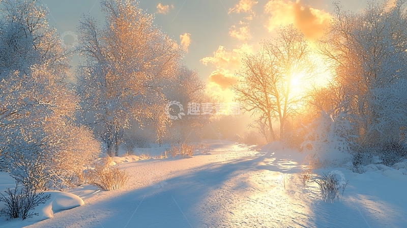 高清大图下载【趣麦麦图】冬日暖阳下的雪景小路