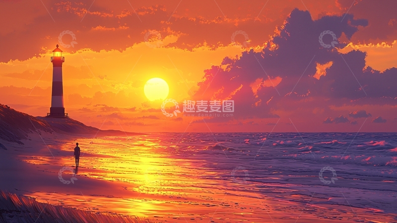 高清大图下载【趣麦麦图】日落海滩灯塔剪影