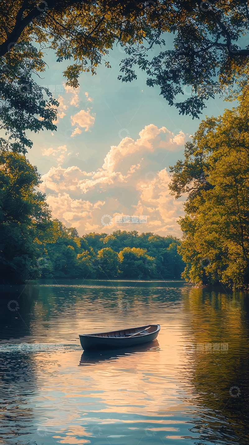 高清大图下载【趣麦麦图】宁静湖泊小船夕阳景色