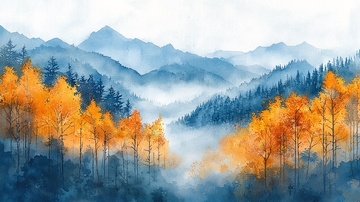 秋日山林水彩画