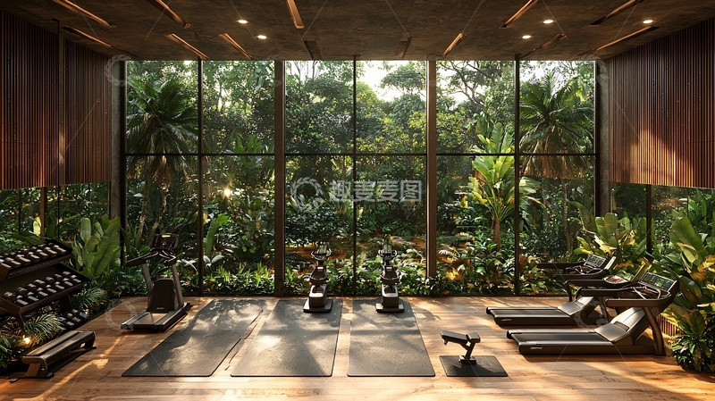 高清大图下载【趣麦麦图】绿植环绕的室内健身房