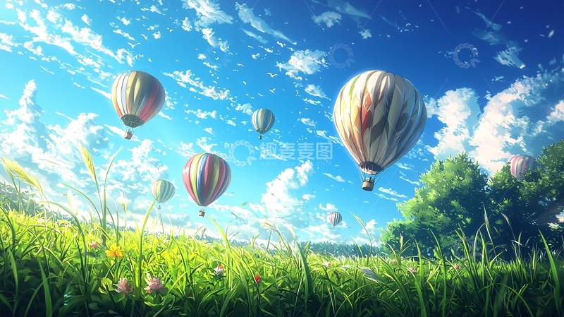 高清大图下载【趣麦麦图】热气球飞跃绿草地