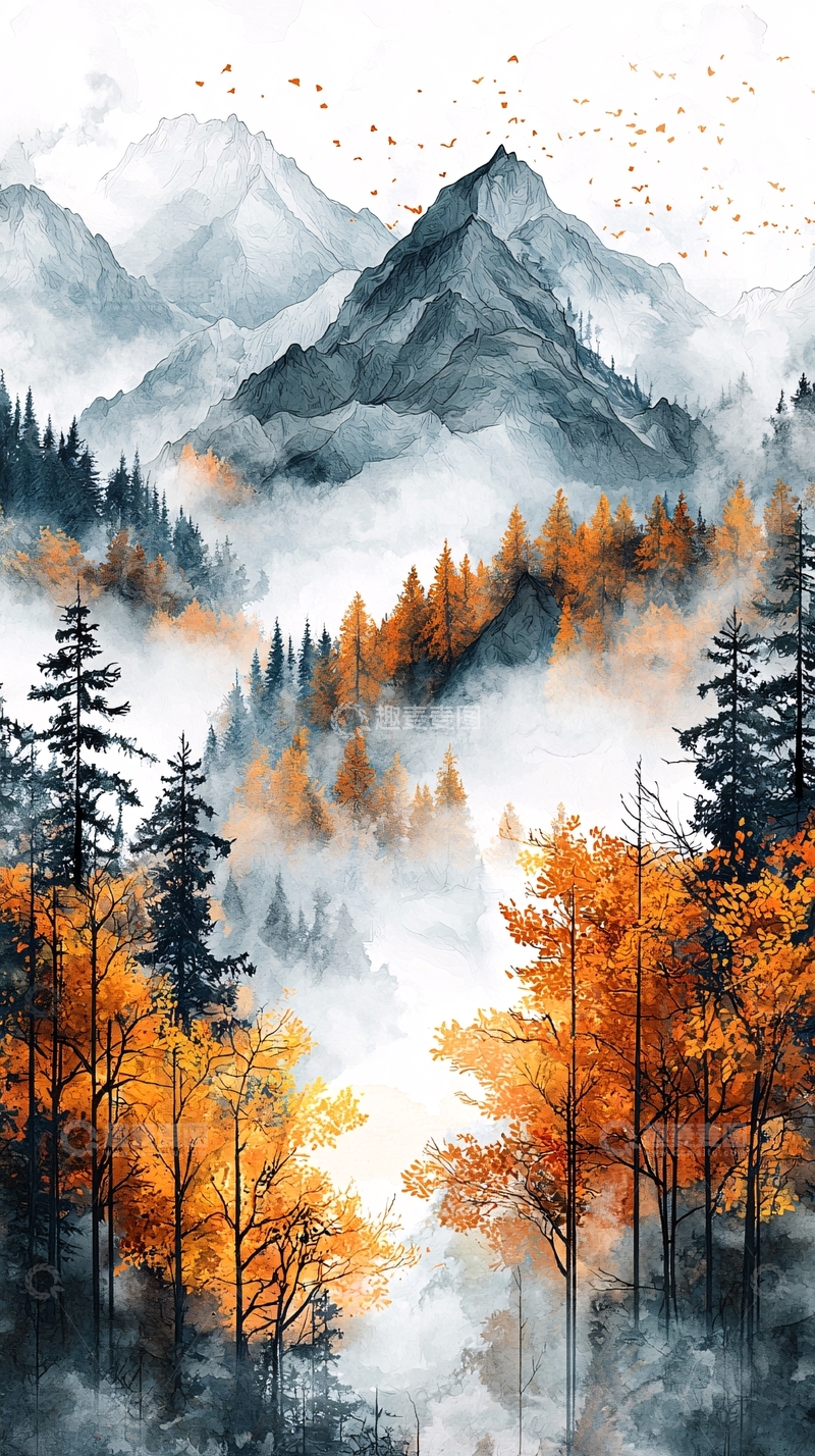 高清大图下载【趣麦麦图】水墨山峰秋景图