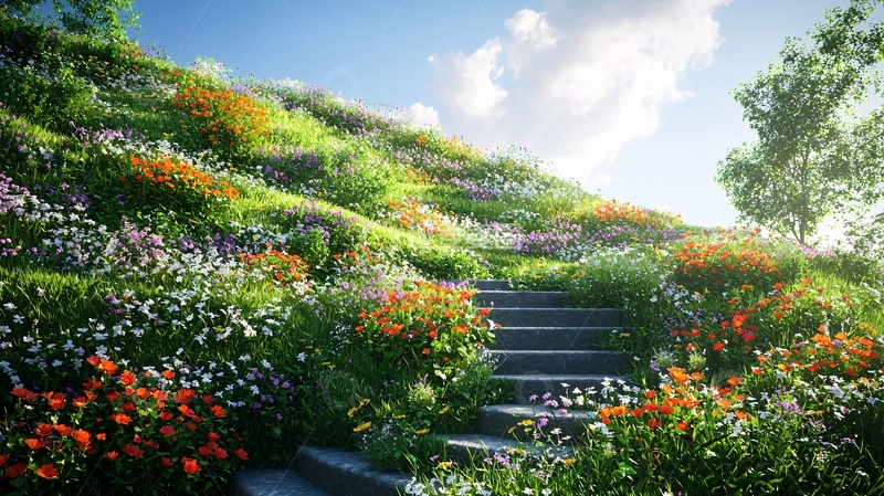 高清大图下载【趣麦麦图】鲜花盛开的山坡阶梯