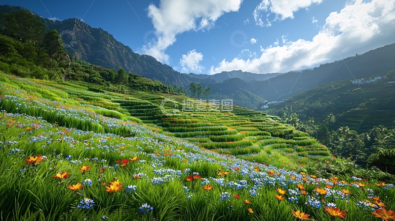 高清大图下载【趣麦麦图】山间梯田鲜花盛开