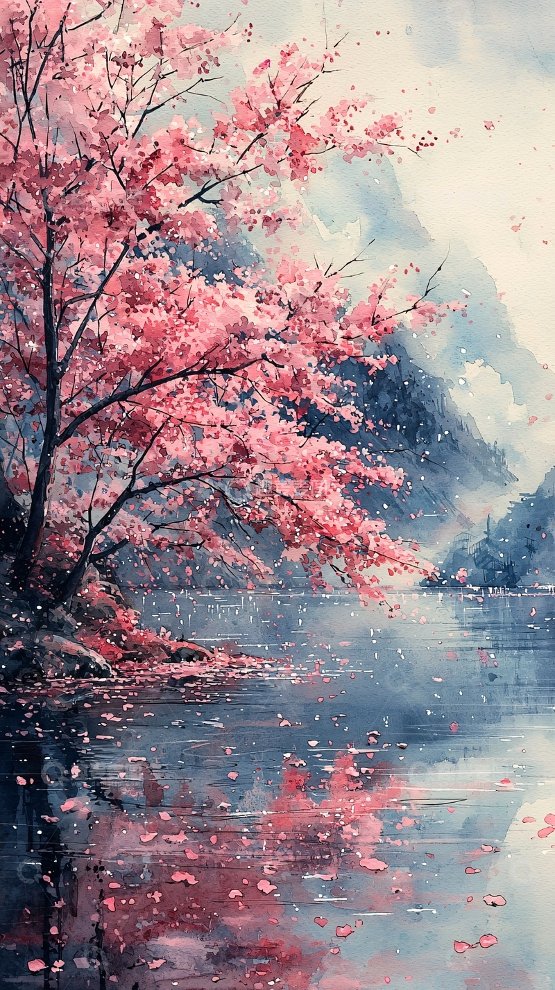 高清大图下载【趣麦麦图】粉色樱花树湖边风景