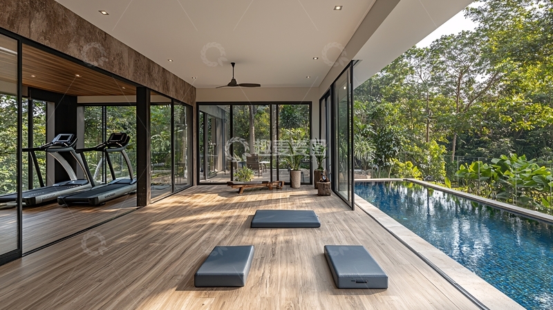 高清大图下载【趣麦麦图】泳池旁的室内健身房